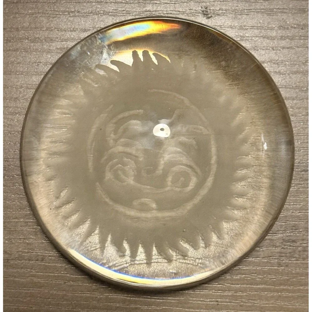 Vintage Glass Dome Paperweight Celestial Sun Face Etched 4